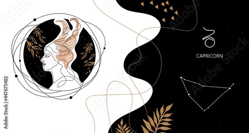 Zodiac background. Capricorn constellation. Horizontal banner. One line.