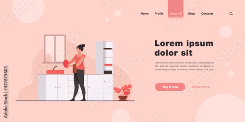 Woman washing dishes at home. Household chores, kitchen. Flat vector illustration. Housework concept can be used for presentations, banner, website design, landing web page