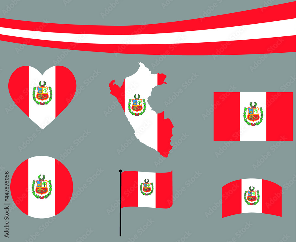 Peru Flag Map Ribbon And Heart Icons Vector Illustration Abstract National Emblem Design Elements collection