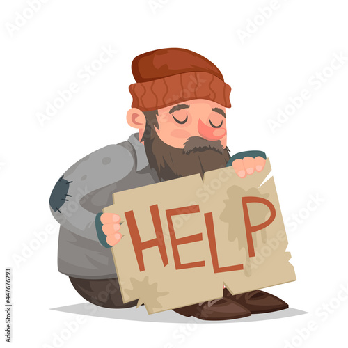 Homeless bum help cardboard paper sheet cartoon helpless character vector illustration
