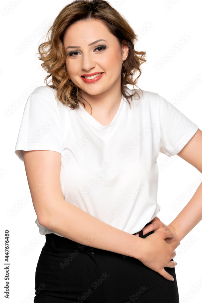 Happy young woman smiling and posing, isolated on white background. Happy young woman smiling and posing, isolated on white background.