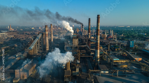 metallurgical plant heavy industry poor ecology top view smoke from chimneys smog