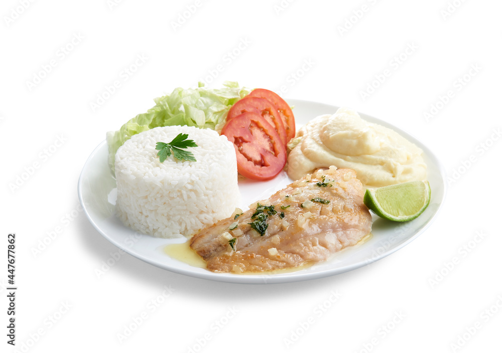 Prato executivo com filet de pescada frita com arroz, salada e purê de batatas, visto de baixo e isolado com path Prato executivo com filet de pescada frita com arroz, salada e purê de batatas, visto de baixo e isolado com path