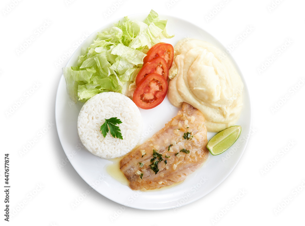 Prato executivo com filet de pescada frita com arroz, salada e purê de batatas, visto de cima e isolado com path Prato executivo com filet de pescada frita com arroz, salada e purê de batatas, visto de cima e isolado com path