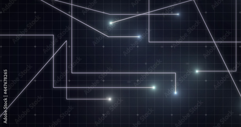Image of glowing white points with light trails moving on grid on purple background Image of glowing white points with light trails moving on grid on purple background