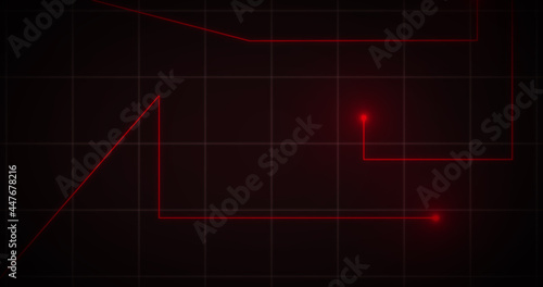Image of glowing red points with light trails moving on grid on black background