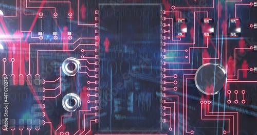 Fototapeta Naklejka Na Ścianę i Meble -  Image of computer circuit board, human icons and binary coding over blue background
