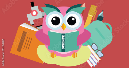 Image of digital owl holding book and school items icons on red background