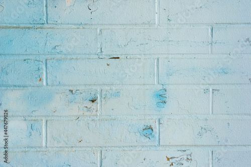 Blue Or Cyan Rustic Texture. Retro Whitewash Old Brick Wall Surface. Vintage Structure. Grunge Shabby Uneven Painted Plaster. Blue Facade Background. Design Element. Old brick wall.