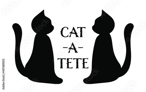 Two black cats facing each other, Text: Cat-a-tete, a cat date, personal meeting face to face invitation, cat silhouettes, love cats, funny cat card, tete-a tete meeting, private conversation 