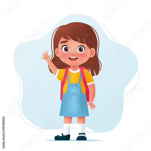 School girl character with backpack. Cute child, back to school concept. Cartoon vector illustration