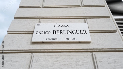Europe, Italy , MIlan July 2021 - street sign dedicated to Enrico Berlinguer communist italian politics  photo