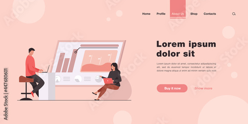 Man and woman discussing profit statistics. Graph, laptop. Flat vector illustration. Business concept can be used for presentations, banner, website design, landing web page