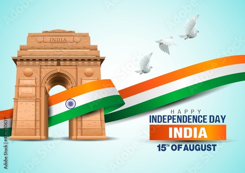 india gatevector illustration of happy independence day in India celebration on August 15. vector India gate with Indian flag design and flying pigeon