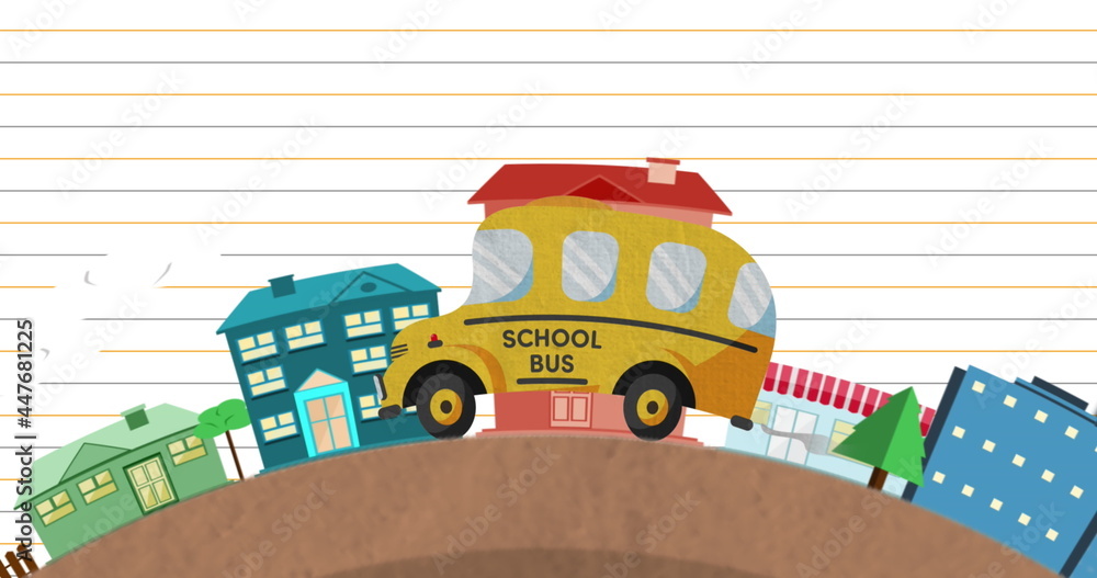 Fototapeta premium School bus driving across cityscape against white lined paper