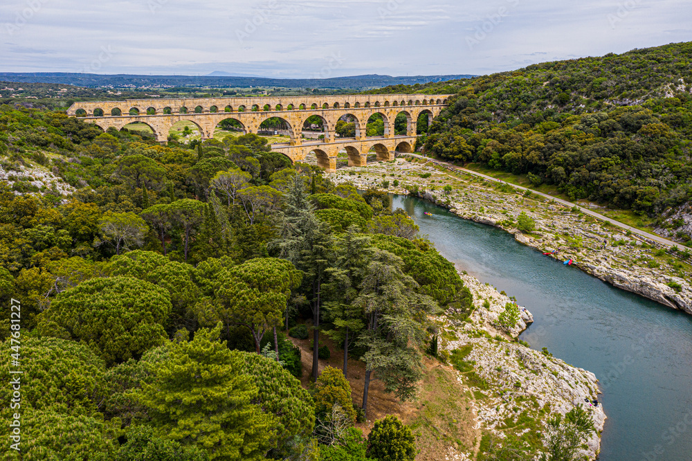 Roman aqueduct, Pont-du-Gard, Languedoc-Roussillon France, Aerial view