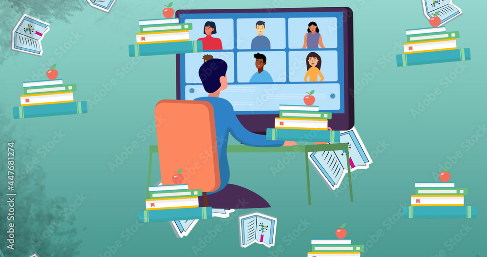 Image of school items icons moving on green background Image of school items icons moving on green background
