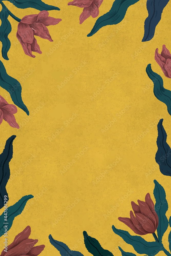Naklejka premium Blooming tulips frame in yellow background illustration