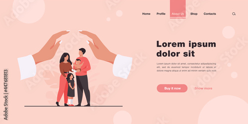 Hands protecting family with two children. Young couple of parents holding baby, standing together under human palms. For family safety, state protection, assistance, care concept