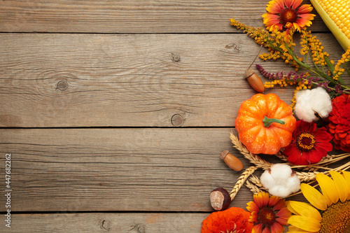 Autumn composition. Frame made of fresh flowers on grey wooden background. Flat lay, top view, copy space. Thanksgiving day
