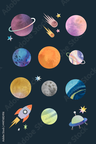 Colorful galaxy watercolor doodle on black background vector