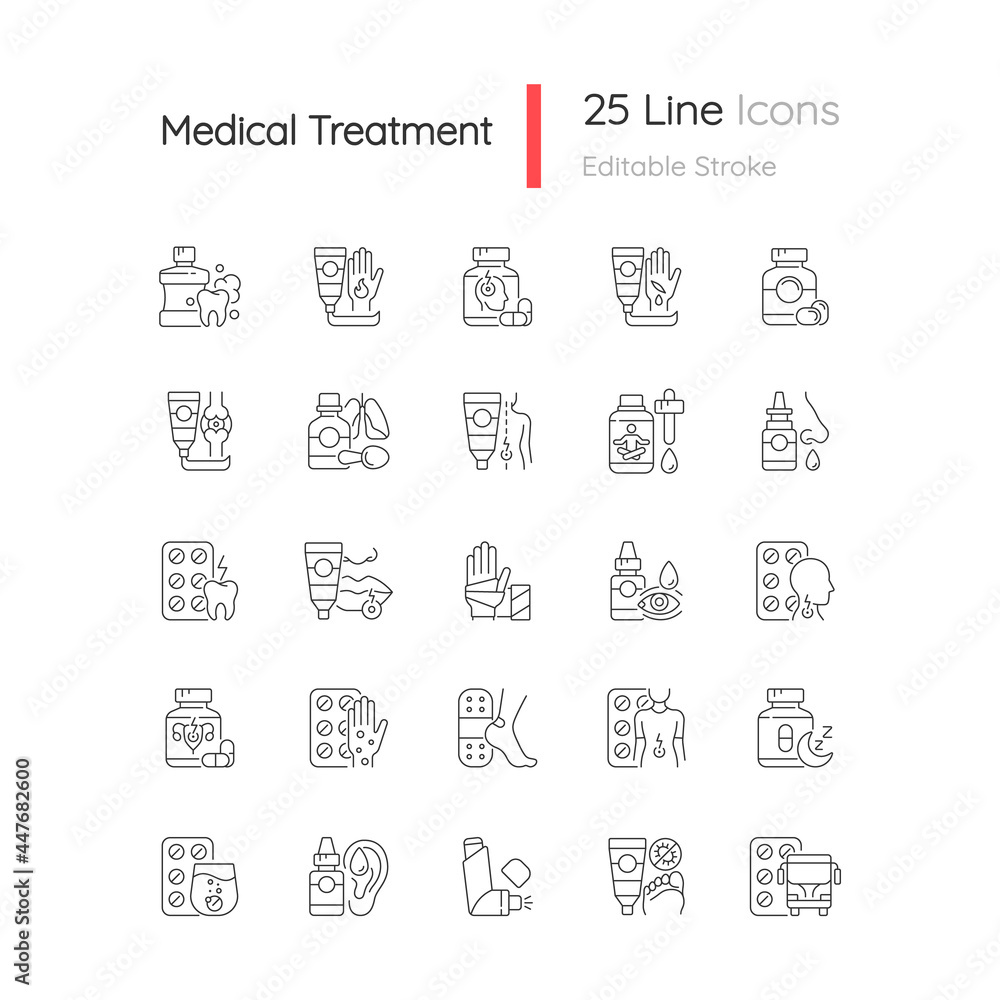 Medical treatment linear icons set. Oral hygiene. Antibacterial ointments. Pain reliever. Fast healing. Customizable thin line contour symbols. Isolated vector outline illustrations. Editable stroke Medical treatment linear icons set. Oral hygiene. Antibacterial ointments. Pain reliever. Fast healing. Customizable thin line contour symbols. Isolated vector outline illustrations. Editable stroke