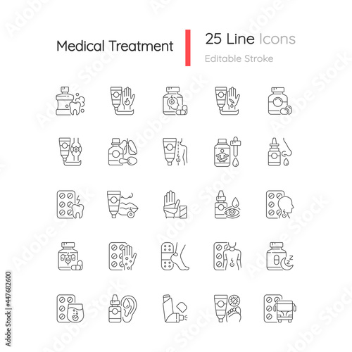 Medical treatment linear icons set. Oral hygiene. Antibacterial ointments. Pain reliever. Fast healing. Customizable thin line contour symbols. Isolated vector outline illustrations. Editable stroke