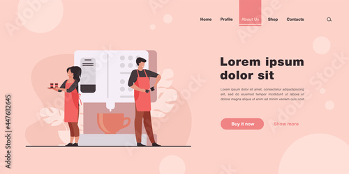 Happy tiny barista making coffee at huge machine. Waitress holding tray with paper cups flat vector illustration. Coffee break, street food, summer concept for banner, website design or landing page