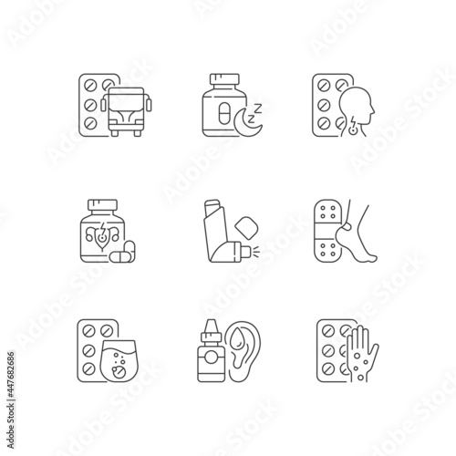 Pharmaceutical drugs linear icons set. Treat motion sickness. Sleep aid. Lozenges for sore throat. Customizable thin line contour symbols. Isolated vector outline illustrations. Editable stroke