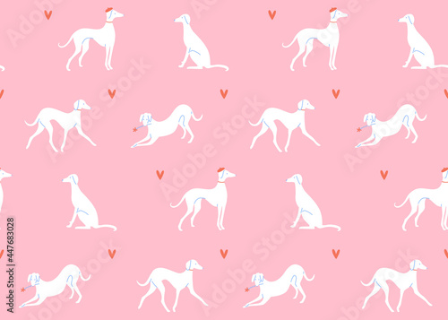Grayhound in different poses, dog silhouettes on pink background. Romantic seamless pattern, french style texture. Elegant dogs on datings.