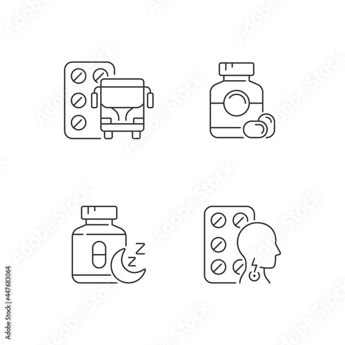 Maintaining life quality linear icons set. Motion sickness treatment. Soft gelatin capsules. Sleep aid. Customizable thin line contour symbols. Isolated vector outline illustrations. Editable stroke