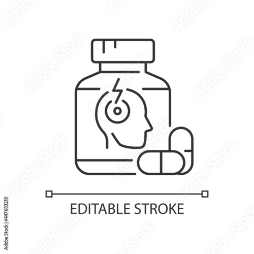 Pills for headache linear icon. Pain reliever. Migraine medication. Chronic pain treatment. Thin line customizable illustration. Contour symbol. Vector isolated outline drawing. Editable stroke