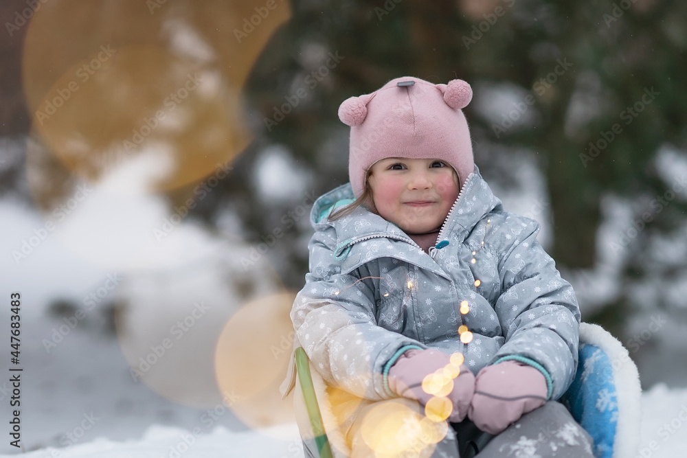 Five years old girl in a sleigh