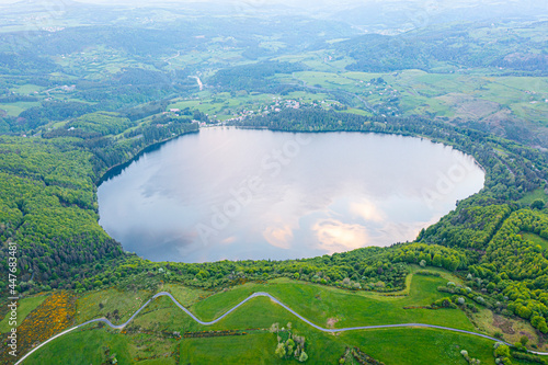 view of Lake Issarles, Le Lac-d'Issarlès, Ardeche, Auvergne-Rhône-Alpes, France photo