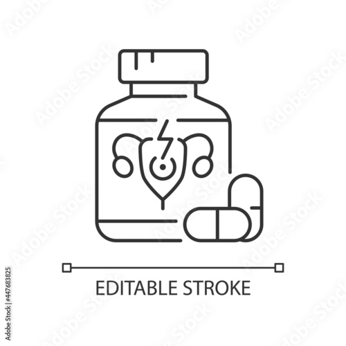 Pills for period cramps linear icon. Relieve painful menstruation. Anti-inflammatory drug. Thin line customizable illustration. Contour symbol. Vector isolated outline drawing. Editable stroke