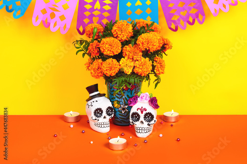 Day of the dead, Dia De Los Muertos Celebration Background With sugar Skull, calaverita, marigolds or cempasuchil flowers and candles with Copy Space. Traditional Mexican culture  photo