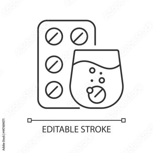 Effervescent tablet for cold relief linear icon. Cough medication. Dissolve in liquid. Thin line customizable illustration. Contour symbol. Vector isolated outline drawing. Editable stroke