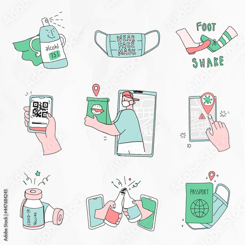 Cute COVID-19 social distancing vector green doodle character set