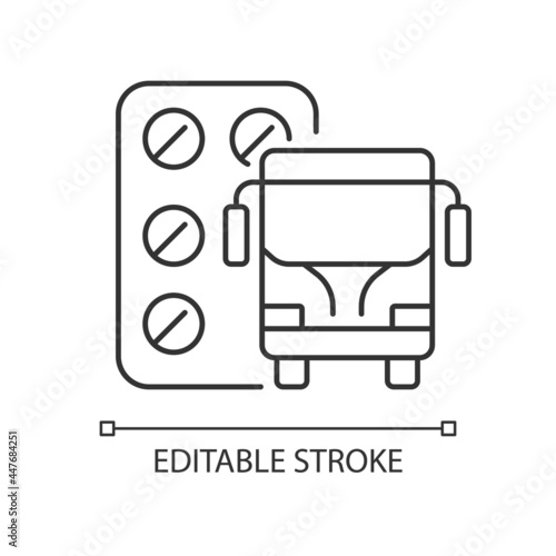 Pills for motion sickness linear icon. Nausea, vomiting reducing. Preventing travel sickness. Thin line customizable illustration. Contour symbol. Vector isolated outline drawing. Editable stroke