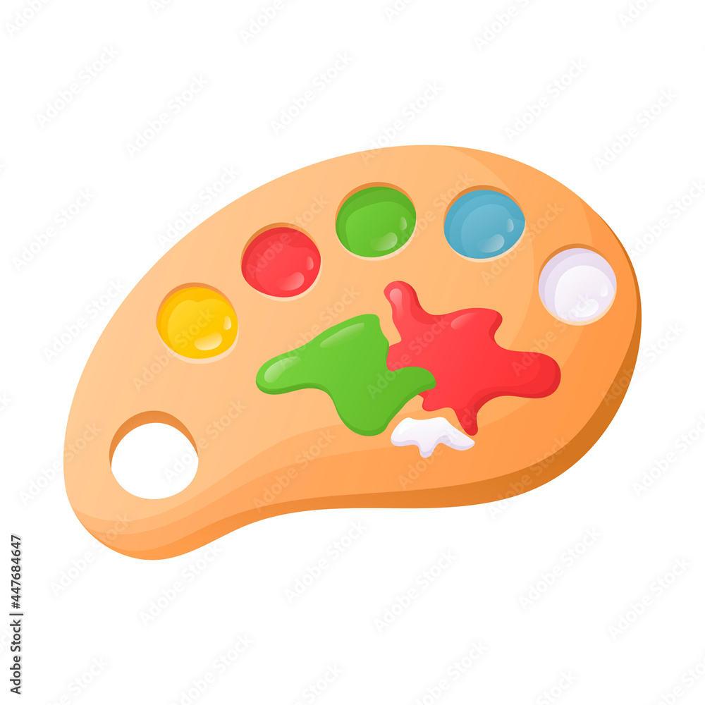 Vector cartoon image of a palette for mixing paints and painting. Children leisure activity, stationery for school or kindergarten. Vector cartoon image of a palette for mixing paints and painting. Children leisure activity, stationery for school or kindergarten.