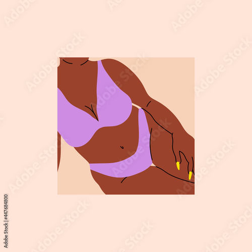 Plus size curvy Woman in bikini. Beach underwear. Love and accept any body type. Healthy body, Body positive, fat acceptance movement, lifestyle and fashion concept. Hand drawn Vector illustration
