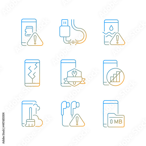 Mobile phone technical issues gradient linear vector icons set. Broken smartphone problems. Damaged devices. Thin line contour symbols bundle. Isolated vector outline illustrations collection