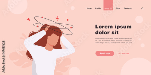 Sick person suffering from vertigo, feeling confused, dizzy and head ache. Flat vector illustration for stress, sickness symptoms, migraine, hangover concept
