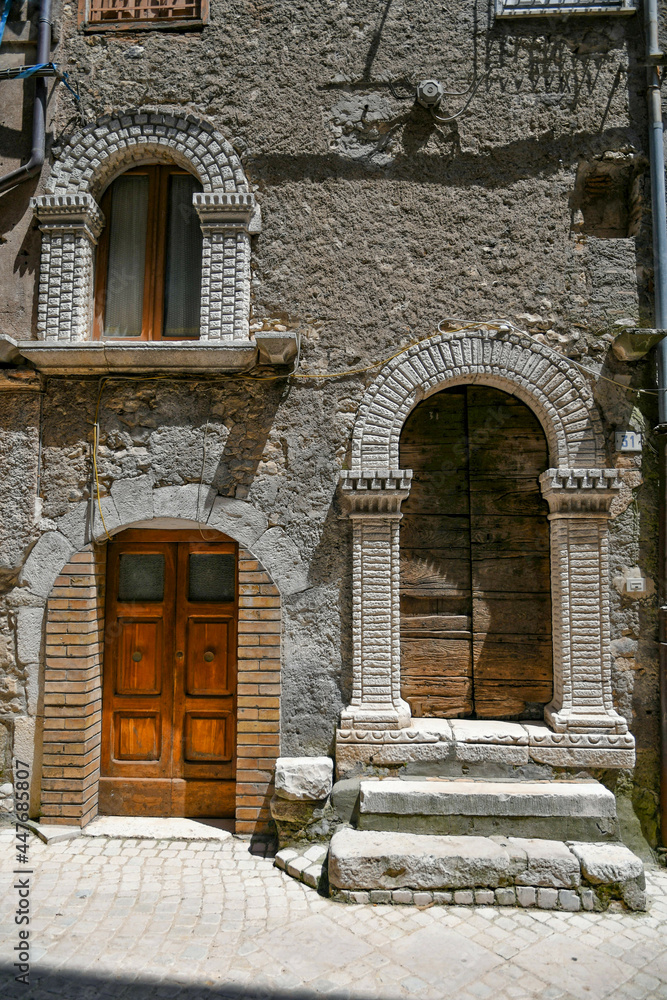 Carpineto Romano, Italy, July 24, 2021. The facade of an old house in the historic center of a medieval town in the Lazio region.