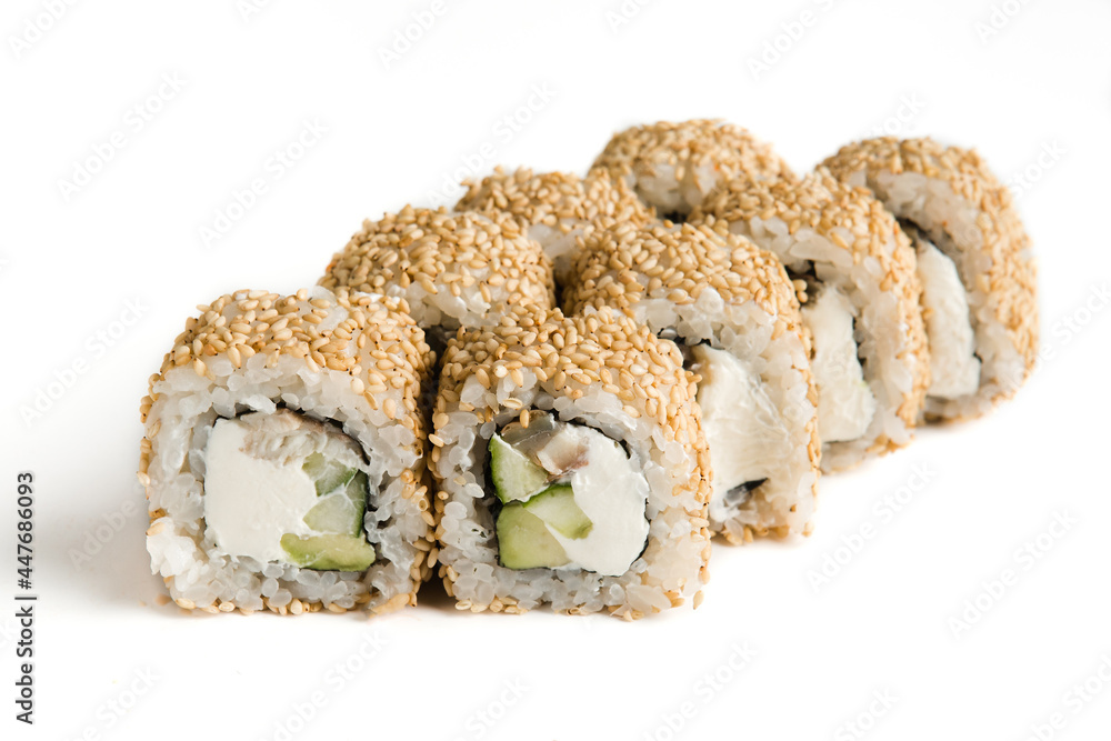 rolls with fish and filling on a white background rolls with fish and filling on a white background