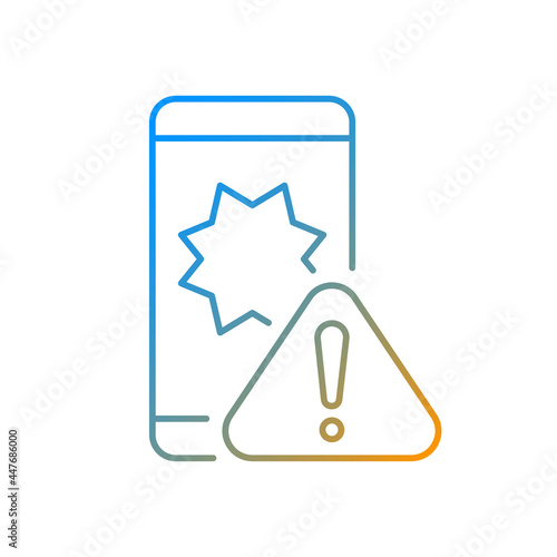 Phone crashes gradient linear vector icon. Smartphone and exclamation mark. Restarting and freezing mobile apps. Thin line color symbols. Modern style pictogram. Vector isolated outline drawing