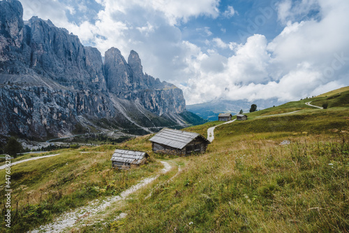 Hiking trail along Passo Sella group mountains in Dolomites, South Tyrol, Italy, Europe