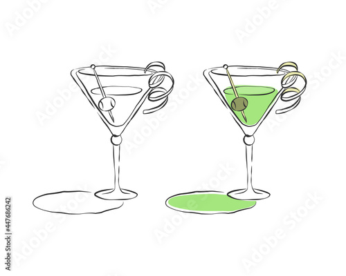 Two types martini glass. Drink element. Black white and color object. Wineglass beverage with olive on a skewer. Hand draw simple sketch. Isolated illustration on white background in engraving style