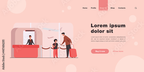 Dad and son standing at counter in airport. Father giving toy plane to boy flat vector illustration. Travel, holiday, trip, flight concept for banner, website design or landing web page
