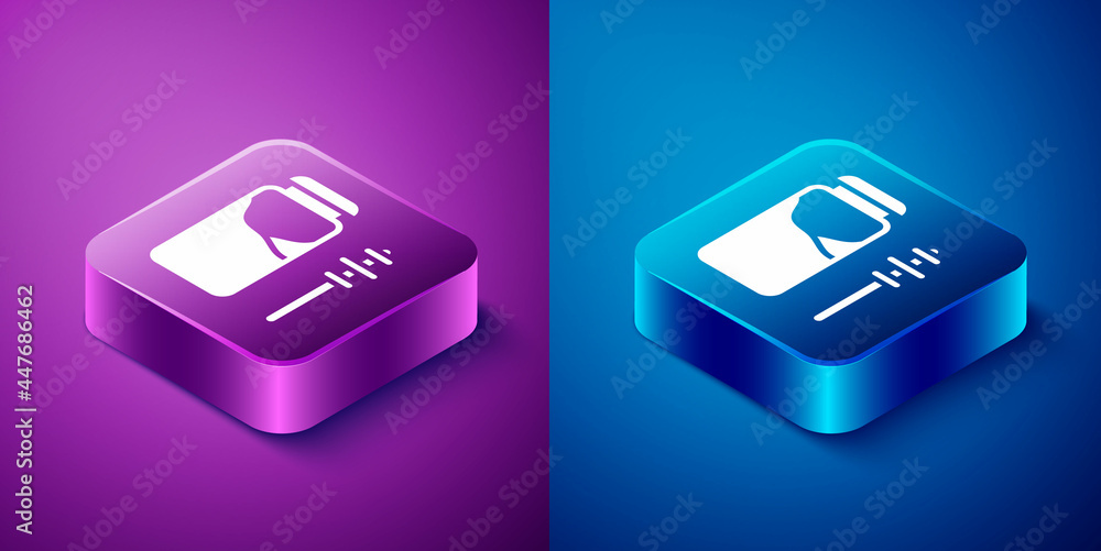Isometric Jar of honey and honey dipper stick icon isolated on blue and purple background. Food bank. Sweet natural food symbol. Honey ladle. Square button. Vector Isometric Jar of honey and honey dipper stick icon isolated on blue and purple background. Food bank. Sweet natural food symbol. Honey ladle. Square button. Vector